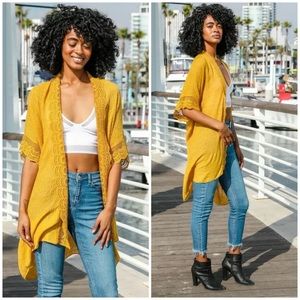Mustard Scalloped Lace Trim Kimono Wrap